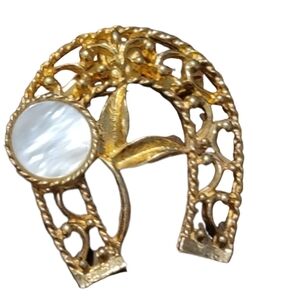 HORSE SHOE arched brooch pin mother of pearl flower goldtone vintage Rodeo Faire